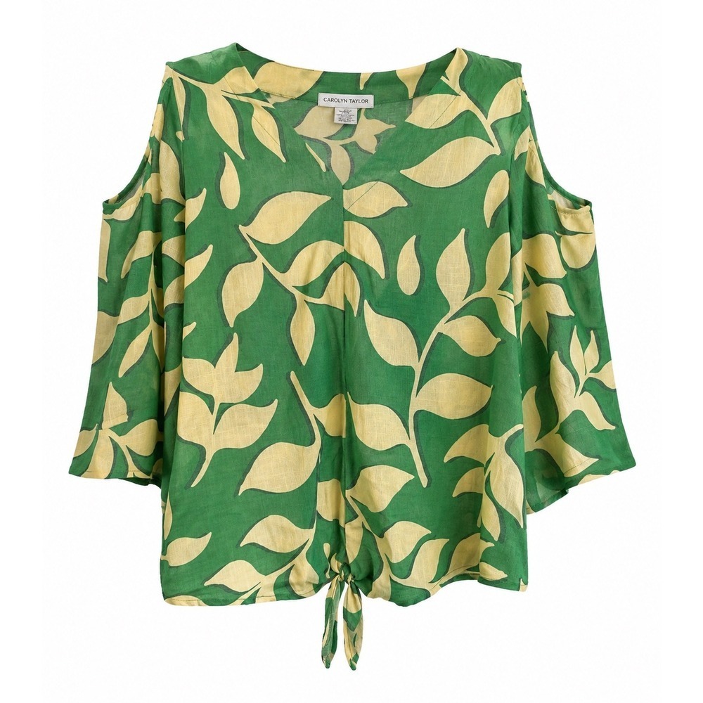 Carolyn Taylor Green  Leaf Print Tie-Front  Shoulder Top – Size Medium – NWT